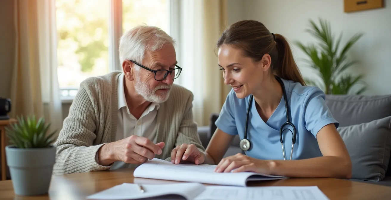 Personne âgée avec aide à domicile examinant ensemble des documents financiers dans un salon lumineux