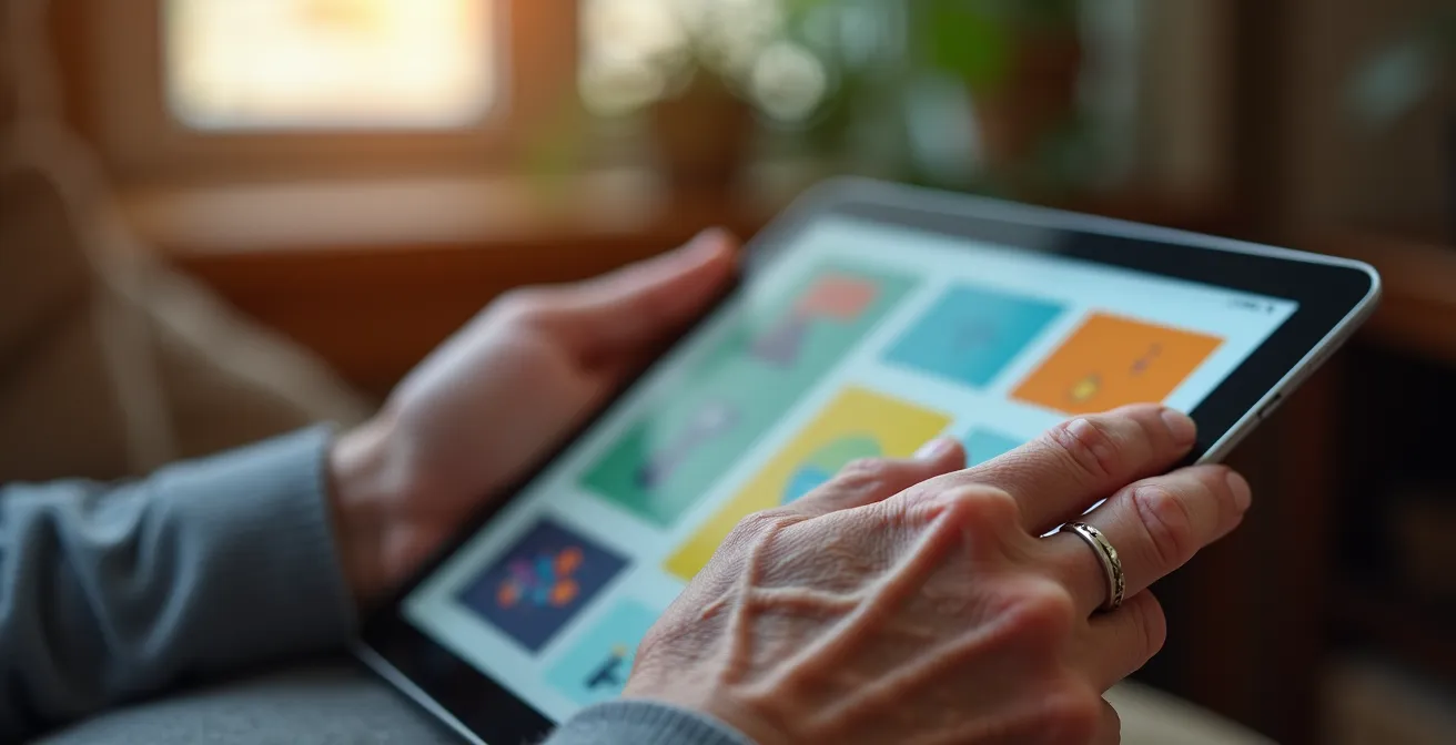 Personne âgée utilisant facilement une tablette pour un appel vidéo avec sa famille
