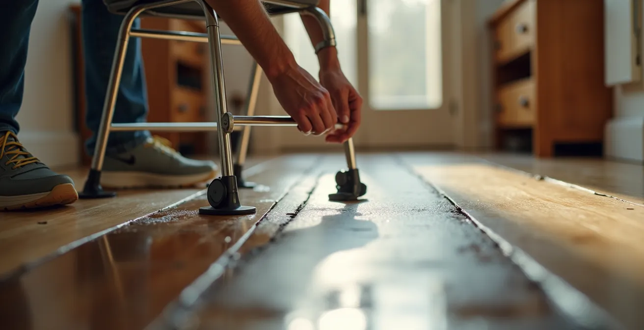 Une aide-soignante place une chaise comme barrière physique dans un couloir au sol mouillé.