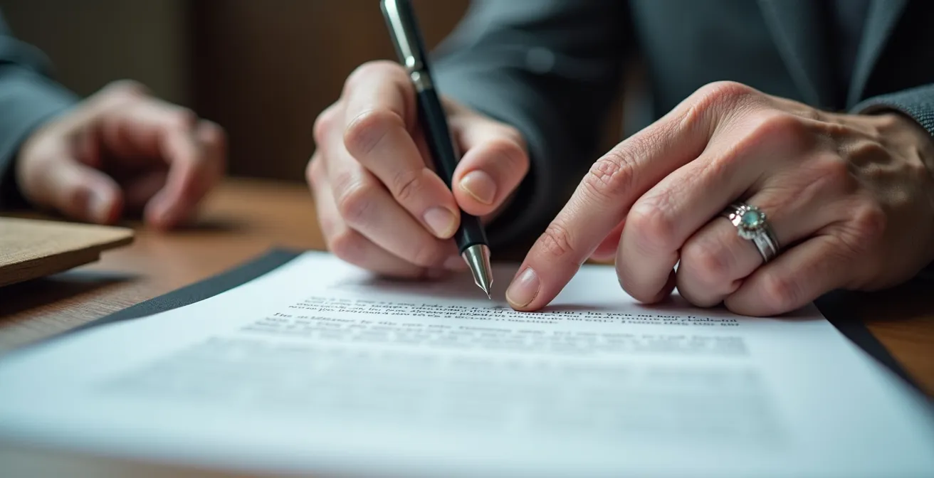 Personne âgée signant des documents importants avec son conseiller