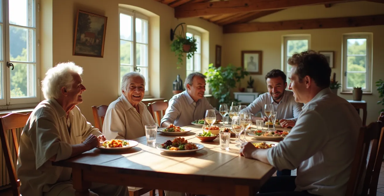 Scène chaleureuse d'un repas partagé entre seniors et jeunes adultes dans une salle à manger française traditionnelle