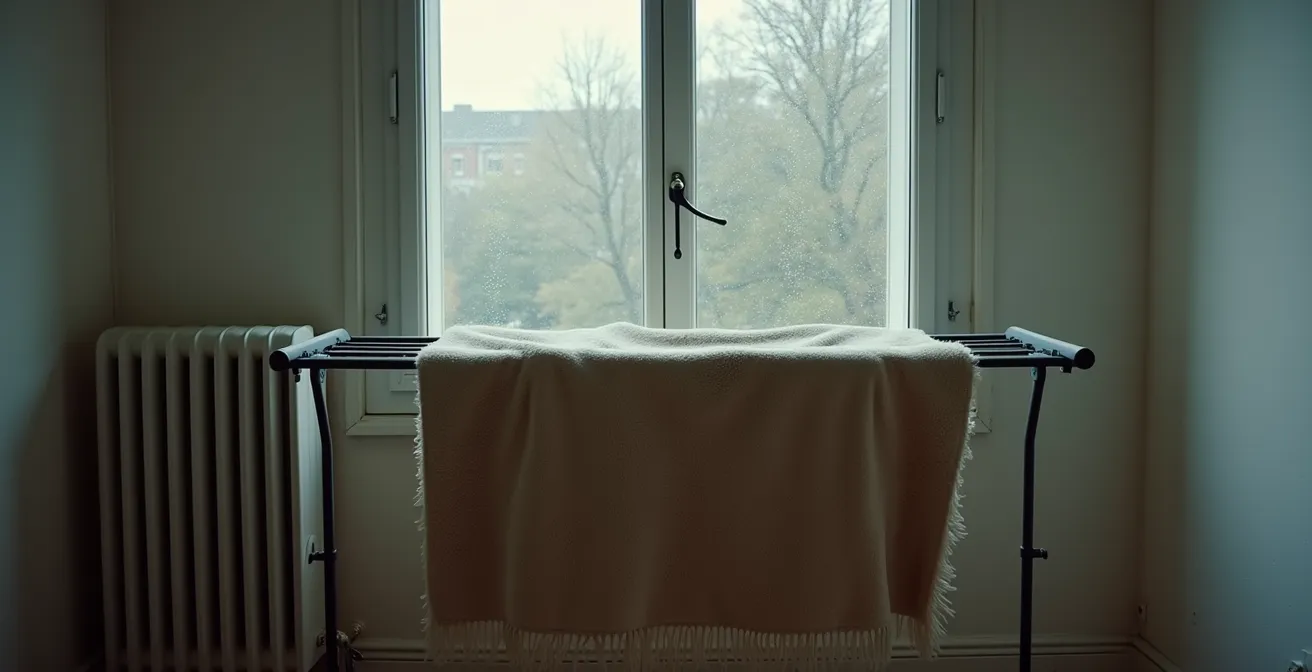 Tapis suspendu dans un appartement sans balcon montrant les problèmes de séchage et risques de moisissures