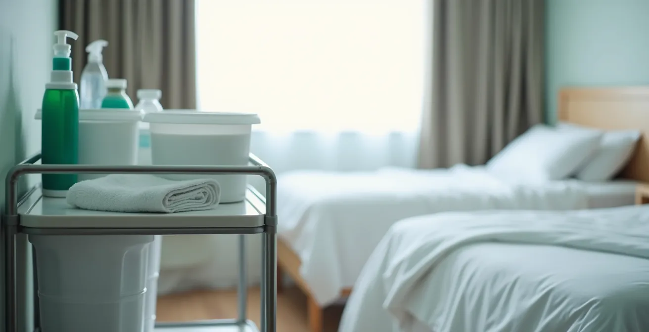 Matériel professionnel préparé pour une toilette au lit avec bassines et serviettes