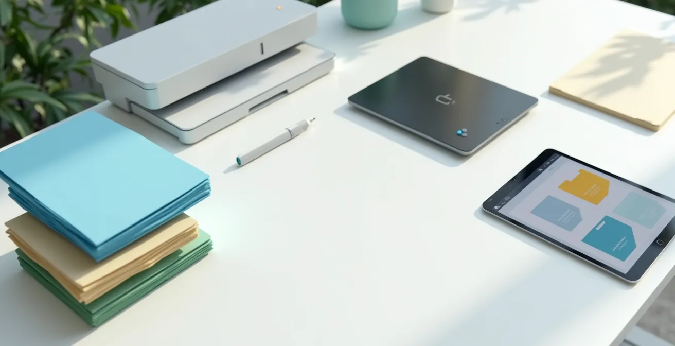 Vue en plongée d'un bureau avec scanner, documents triés en piles colorées et tablette affichant des formes géométriques