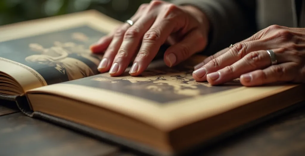 Mains âgées feuilletant un album photo ancien avec des souvenirs de famille