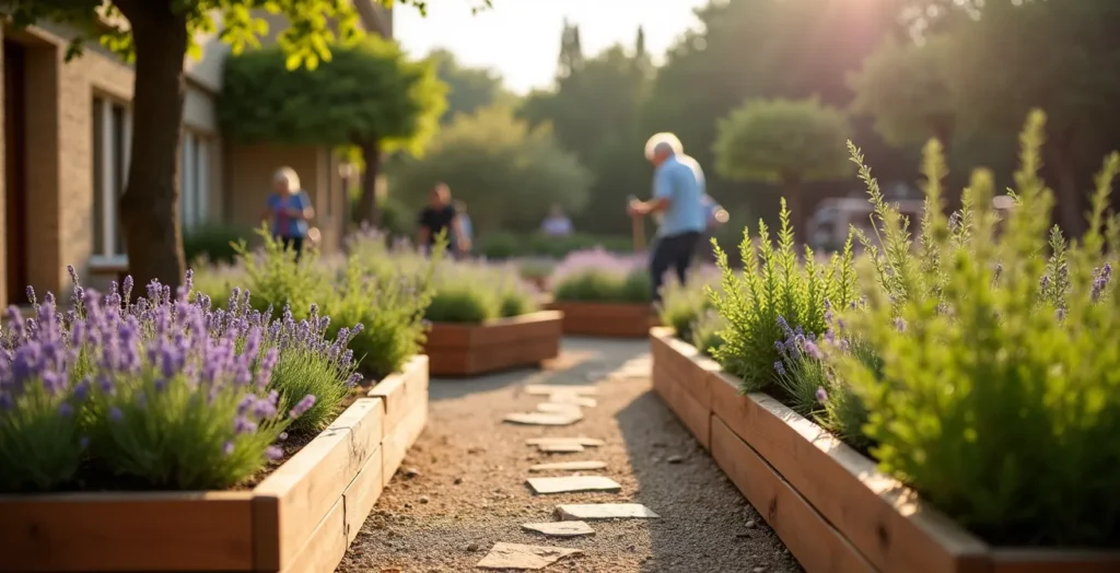 Jardin thérapeutique avec carrés potagers surélevés et plantes aromatiques dans un EHPAD