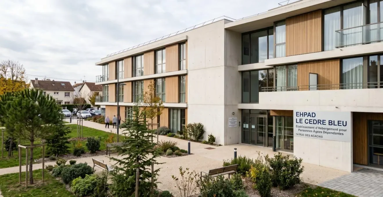 Vue extérieure d'un bâtiment d'EHPAD contemporain en France, avec architecture moderne et jardin arboré au premier plan
