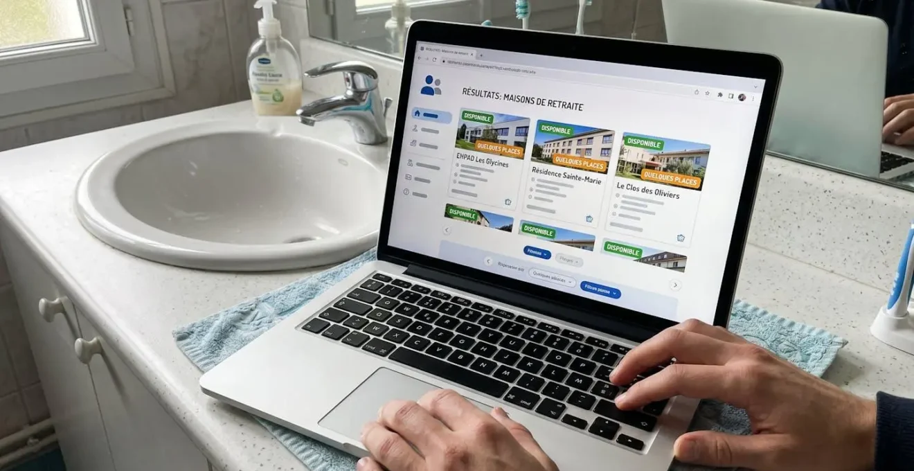 Gros plan d'un écran d'ordinateur affichant une page de résultats de recherche d'EHPAD avec indicateurs de disponibilité, mains partiellement visibles sur le clavier