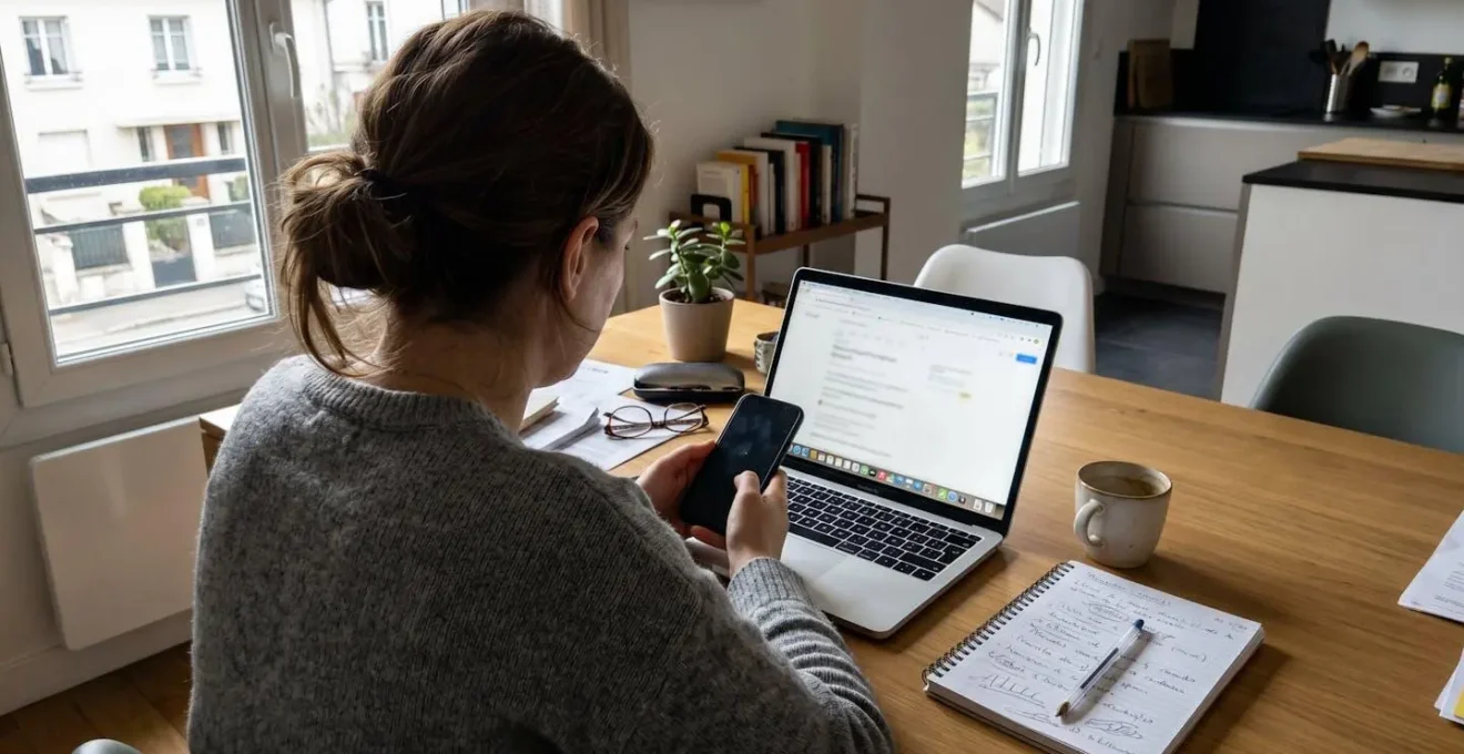 Personne de dos consultant un ordinateur portable et un smartphone simultanément pour rechercher des informations, avec un carnet de notes manuscrites sur la table