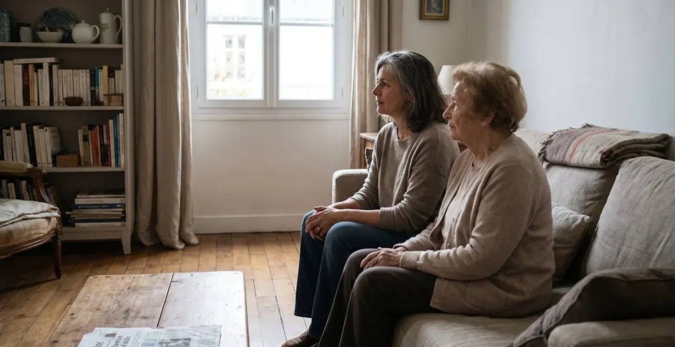 Une femme d'une cinquantaine d'années assise à côté d'une personne âgée sur un canapé de salon, toutes deux de profil, dans une proximité bienveillante