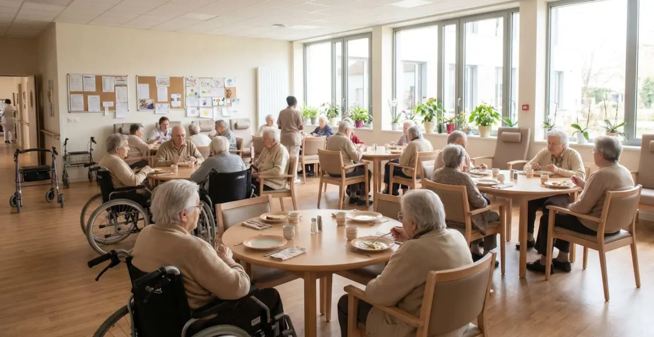 Salle à manger commune lumineuse d'un établissement pour personnes âgées avec tables rondes et grandes fenêtres laissant entrer la lumière naturelle