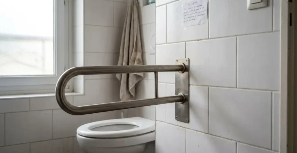 Barre d'appui de sécurité installée sur un mur de salle de bain près des toilettes dans un logement contemporain Barre d'appui de sécurité installée sur un mur de salle de bain près des toilettes dans un logement contemporain